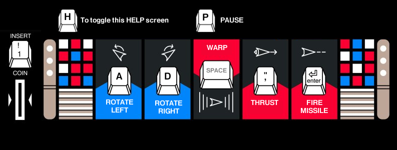 [A] / [D] to rotate LEFT / RIGHT, ['] for THRUST, [Enter] to FIRE, [Space] to WARP, [P] to PAUSE, [H] to toggle this screen.